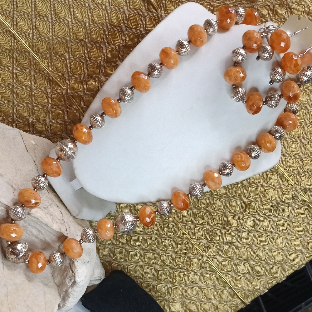 Vintage Amber Silver Beaded Necklace Earring Bracelet Set Handmade